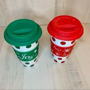 Set of 2 Ceramic 11oz Travel Mugs with Silicone Lids Green Joy & Red Ho Ho Ho